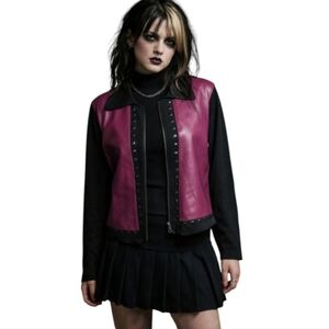 Nancy Bolen Ribbed Knit ZIP SWEATER FAUX LEATHER/ Studs Whimsigoth SZ M